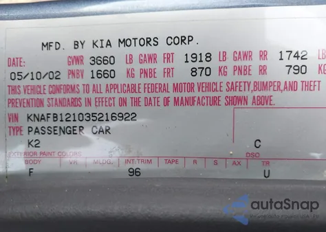 2003 Kia Spectra Ls from USA, damaged, VIN KNAFB121035216922